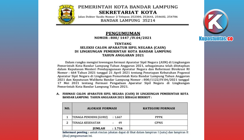 Kupas Tuntas Mulai Dibuka Berikut Syarat Pendaftaran Casn Bandar Lampung